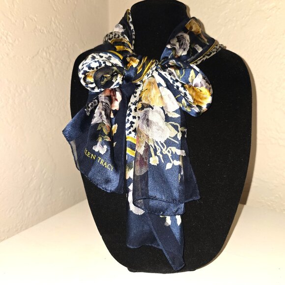 Beautiful Ellen Tracy Lepoard Print Navy Floral Border Long Silk Scarf - Picture 1 of 16